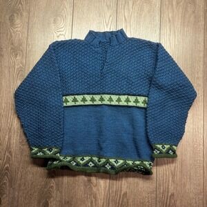 Vintage Hand Knit 1980s Collared Neck Sweater Blue Nature Stripe Tree Small